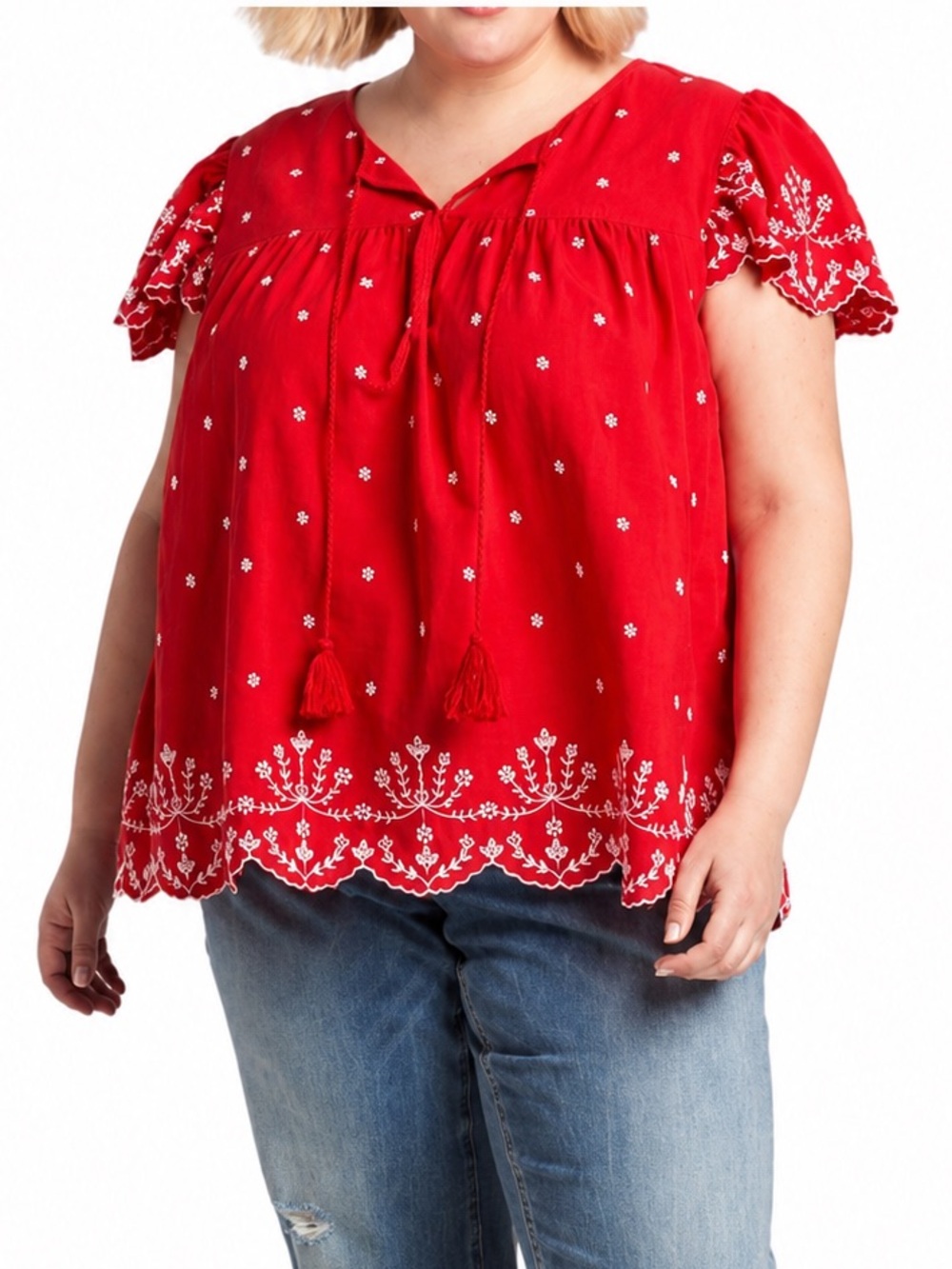 Lane Bryant Linen Blend Babydoll Top 12 Boho Cottagecore Peasant Embroidered
